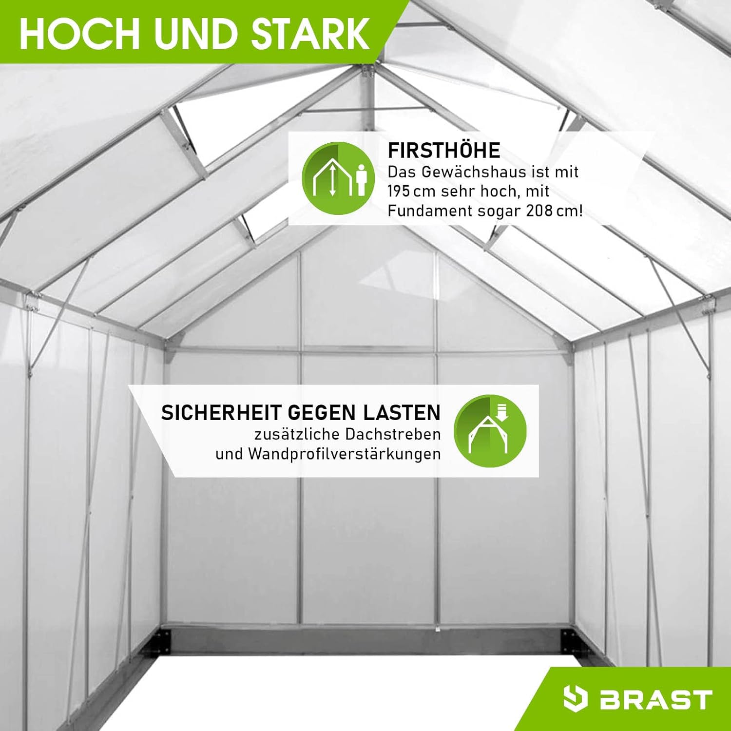 BRAST Aluminium Greenhouse with Base 380 x 190 x 195 cm, TÜV Tested, 6 mm Hollow Chamber Panels, Rustproof/Weatherproof/Temperature-Resistant