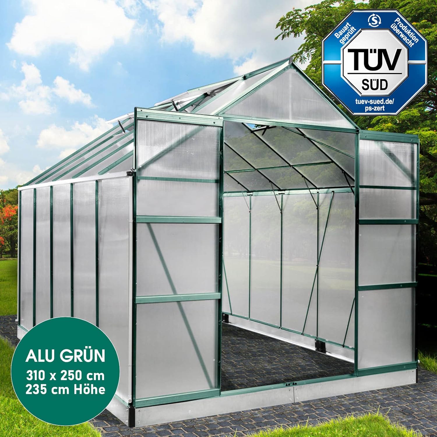 BRAST Aluminium Greenhouse with Base 310 x 250 x 235 cm, TÜV Tested, 6 mm Hollow Chamber Panels, Rustproof/Weatherproof/Temperature-Resistant