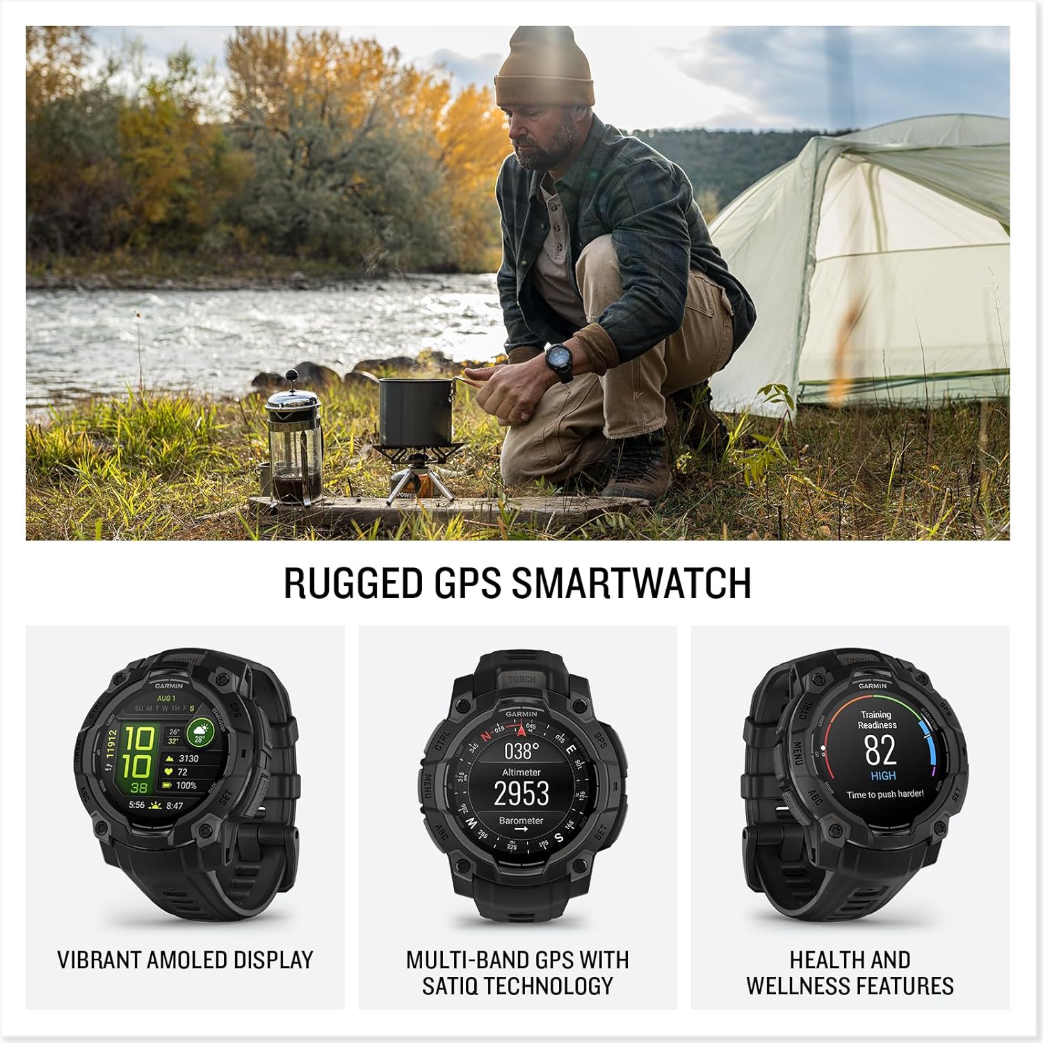 Garmin Instinct® 3 Tactical Edition, 50mm, Solar Charged Display, Rugged Outdoor GPS Smartwatch