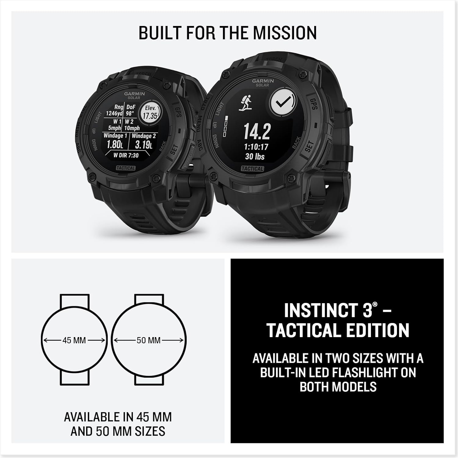 Garmin Instinct® 3 Tactical Edition, 50mm, Solar Charged Display, Rugged Outdoor GPS Smartwatch