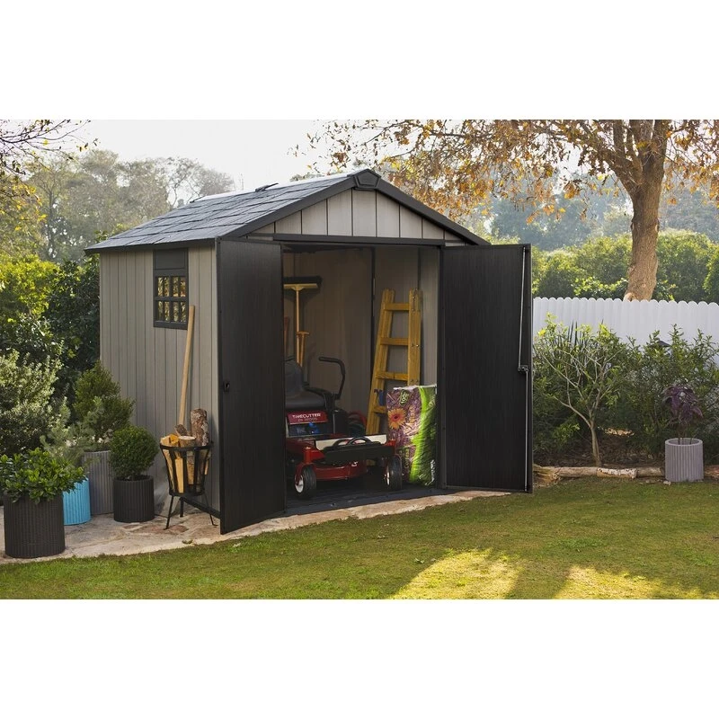 Auckland 7 x 7 ft antique distressed wood storage shed with high ceilings and victorian windows