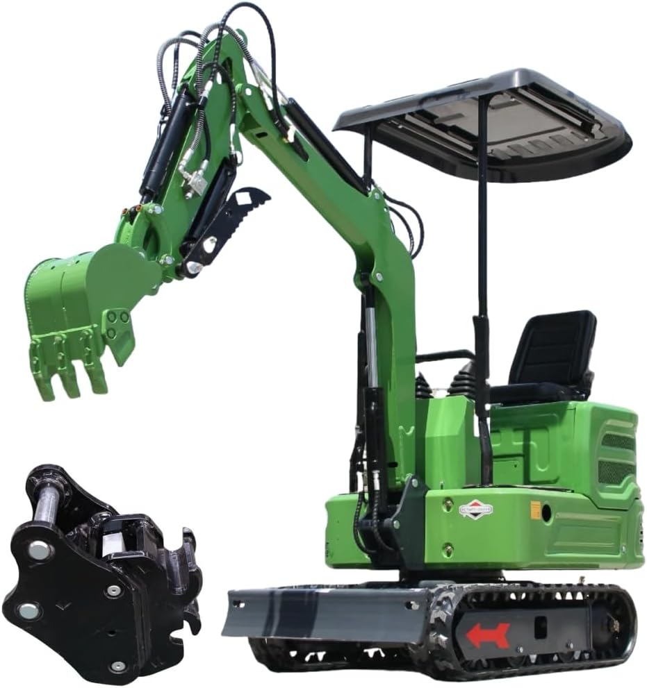 Domestic Gasoline Mini Excavator for Fathers Day, 1.2 Tons Crawler Digger with 13.5 HP B&S Engine, Hydraulic Thumb Clamp and Buckets, Work for Farm,Garden,Park,Construction Landscaping (Green1)