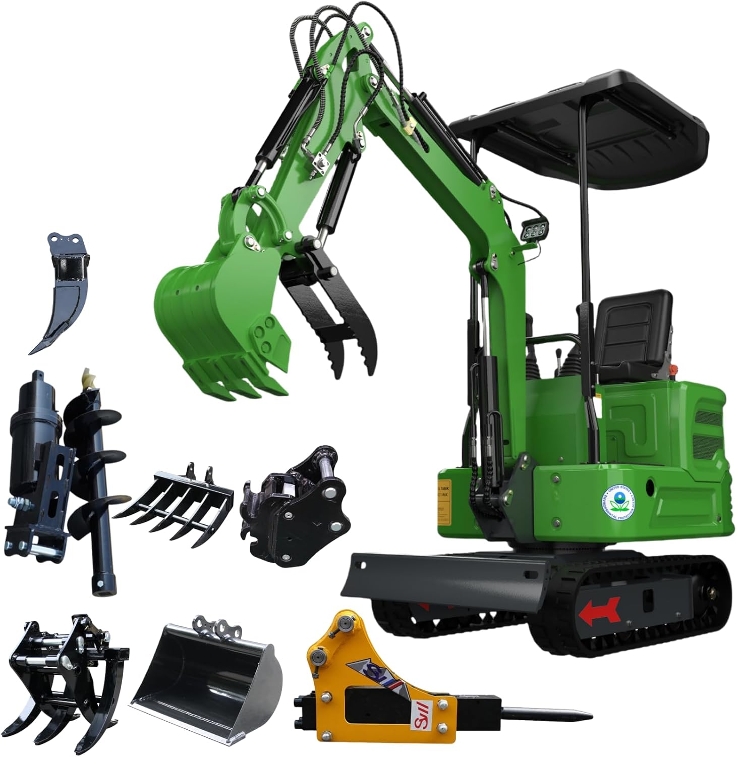 Domestic Gasoline Mini Excavator for Fathers Day, 1.2 Tons Crawler Digger with 13.5 HP B&S Engine, Hydraulic Thumb Clamp and Buckets, Work for Farm,Garden,Park,Construction Landscaping (Green1)