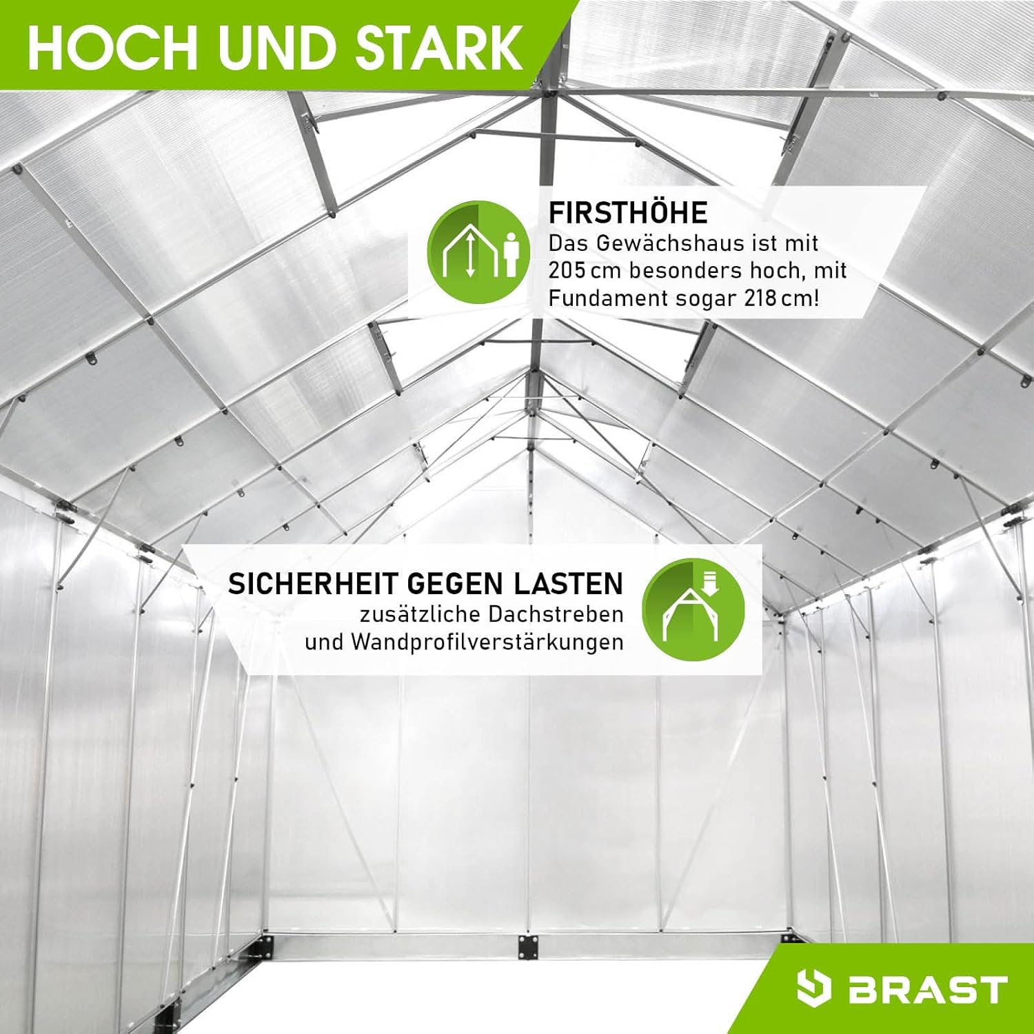 BRAST Aluminium Greenhouse with Base 430 x 250 x 205 cm, TÜV Tested, 6 mm Hollow Chamber Panels, Rustproof/Weatherproof/Temperature-Resistant