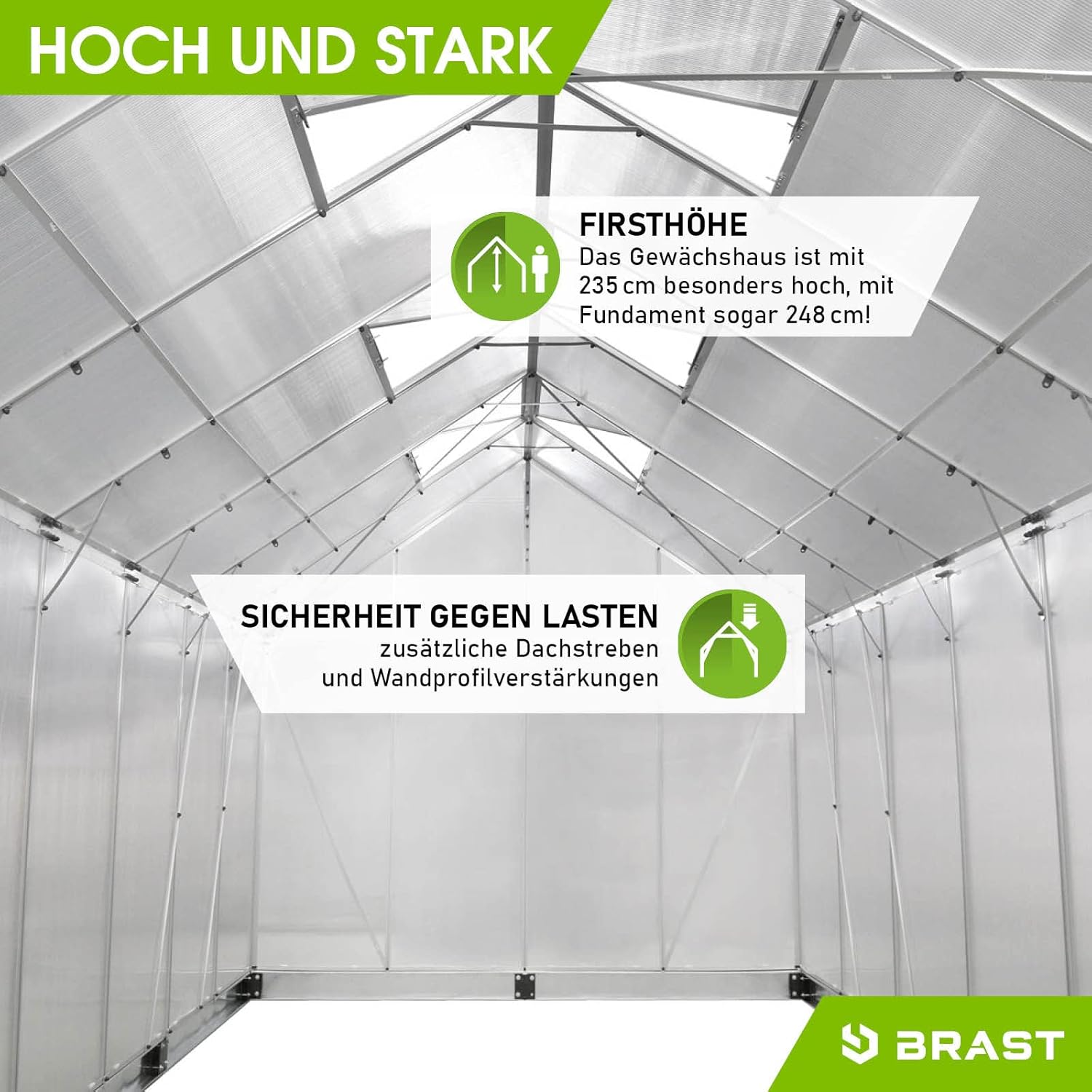 BRAST Aluminium Greenhouse with Base 490 x 250 x 235 cm, TÜV Tested, 6 mm Hollow Chamber Panels, Rustproof/Weatherproof/Temperature-Resistant