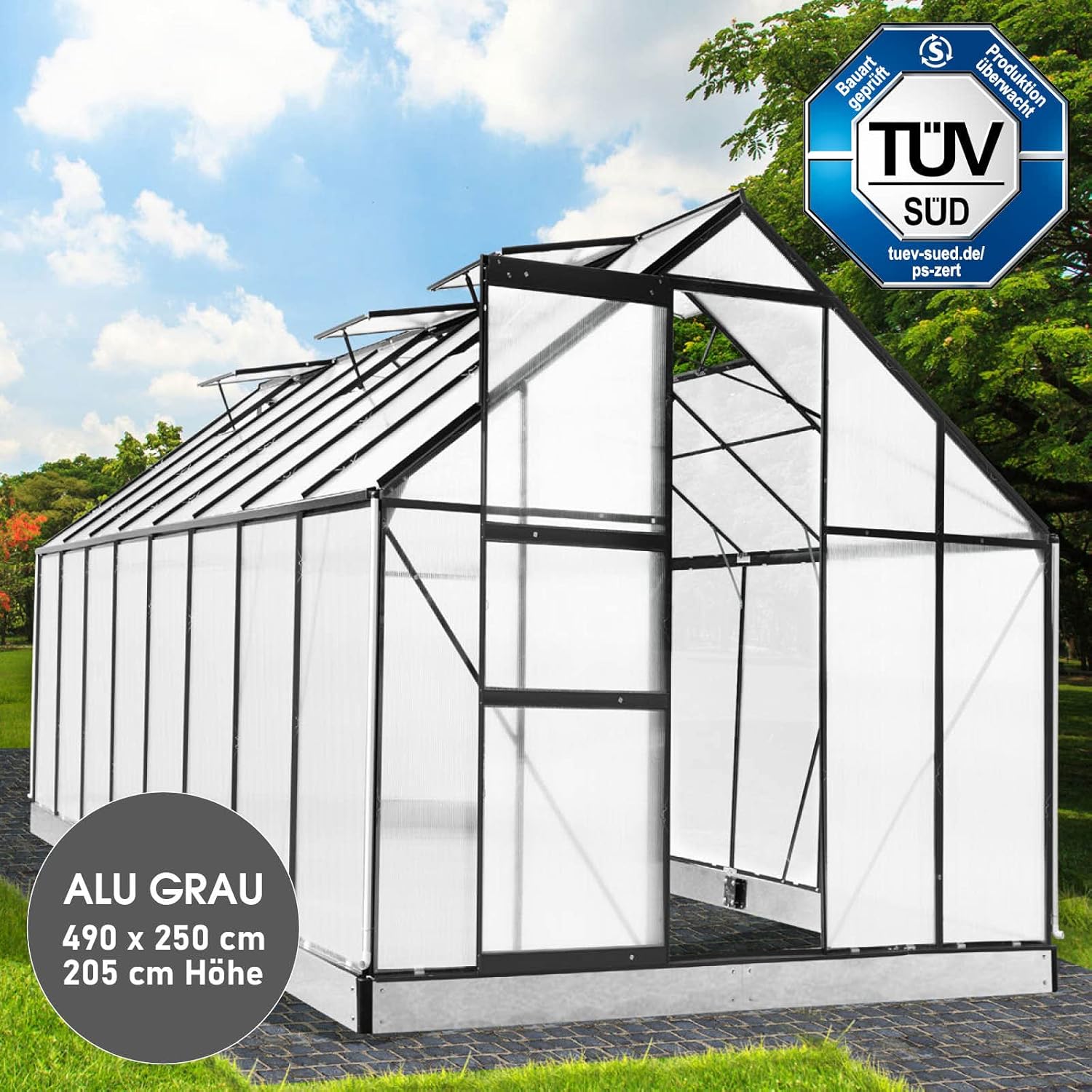 BRAST Aluminium Greenhouse with Base 490 x 250 x 205 cm, TÜV Tested, 6 mm Hollow Chamber Panels, Rustproof/Weatherproof/Temperature-Resistant