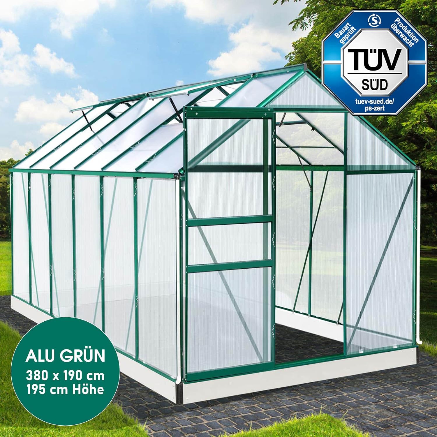 BRAST Aluminium Greenhouse with Base 380 x 190 x 195 cm, TÜV Tested, 6 mm Hollow Chamber Panels, Rustproof/Weatherproof/Temperature-Resistant