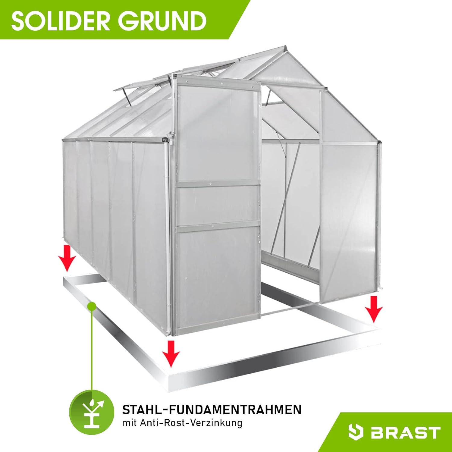 BRAST Greenhouse Aluminium with Base 310 x 190 x 195 cm TÜV Tested, 6 mm Hollow Chamber Panels, Rustproof, Weatherproof, Temperature-Resistant
