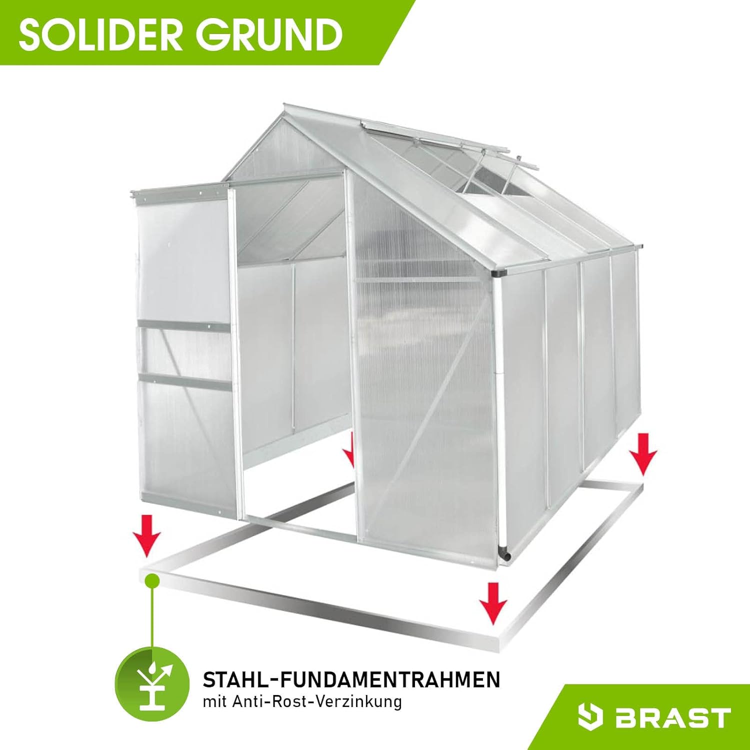 BRAST Aluminium Greenhouse with Base, 250 x 190 x 195 cm, TÜV Tested, 6 mm Hollow Chamber Panels Rustproof, Weatherproof, Temperature-Resistant