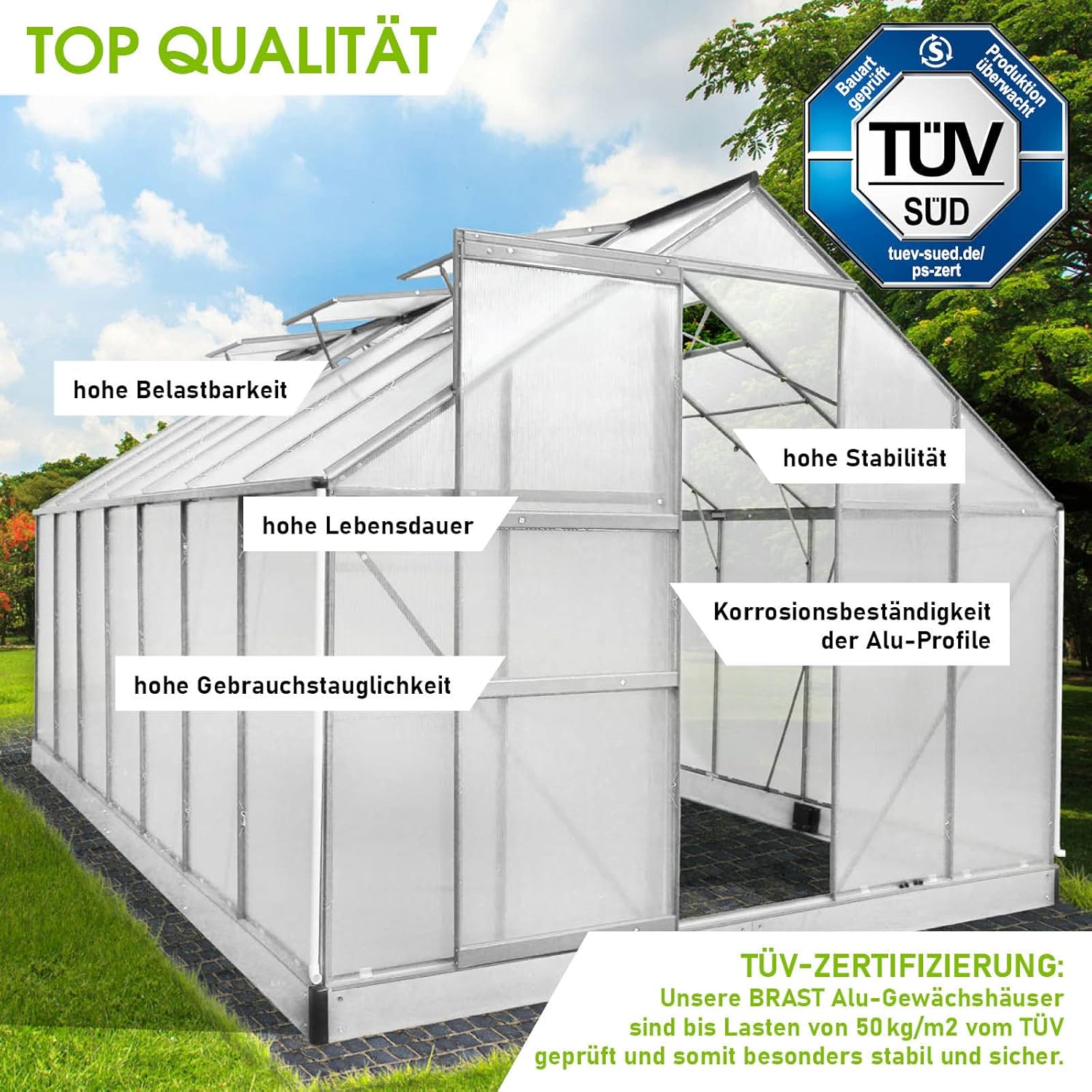 BRAST Aluminium Greenhouse with Base 430 x 250 x 205 cm, TÜV Tested, 6 mm Hollow Chamber Panels, Rustproof/Weatherproof/Temperature-Resistant