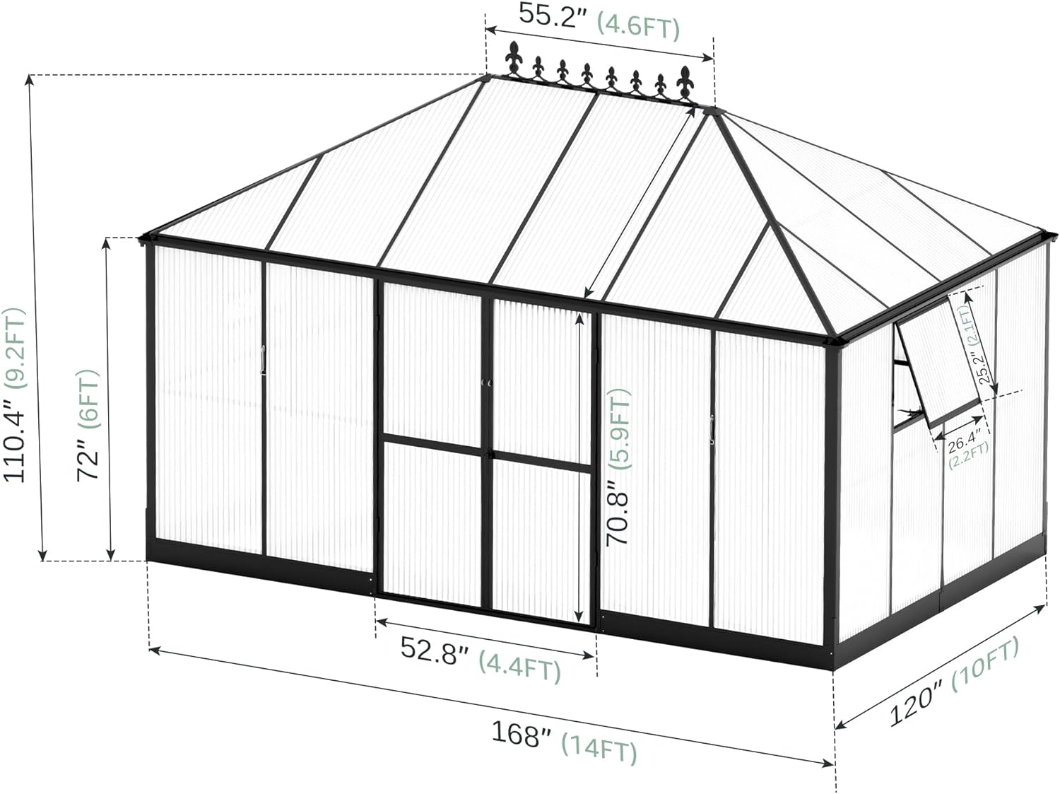 Jocisland 14x9.5x9 FT Greenhouse - Outdoor Aluminum Polycarbonate Greenhouse with 2 Ventilation and Rain Gutter, Double Doors with Hook, Walk in Greenhouse for Outdoors, Garden, Backyard
