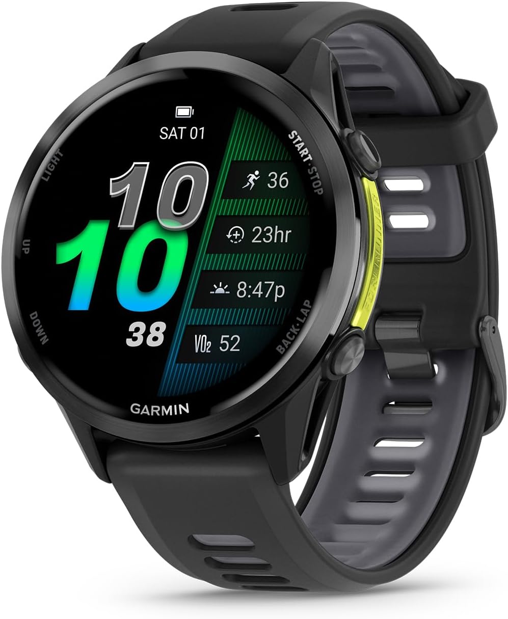 Garmin® Forerunner® 970, Premium GPS Running and Triathlon Smartwatch, AMOLED Display, Built-in LED Flashlight, Soft Gold Titanium with French Gray Case and French Gray/Translucent Indigo Band