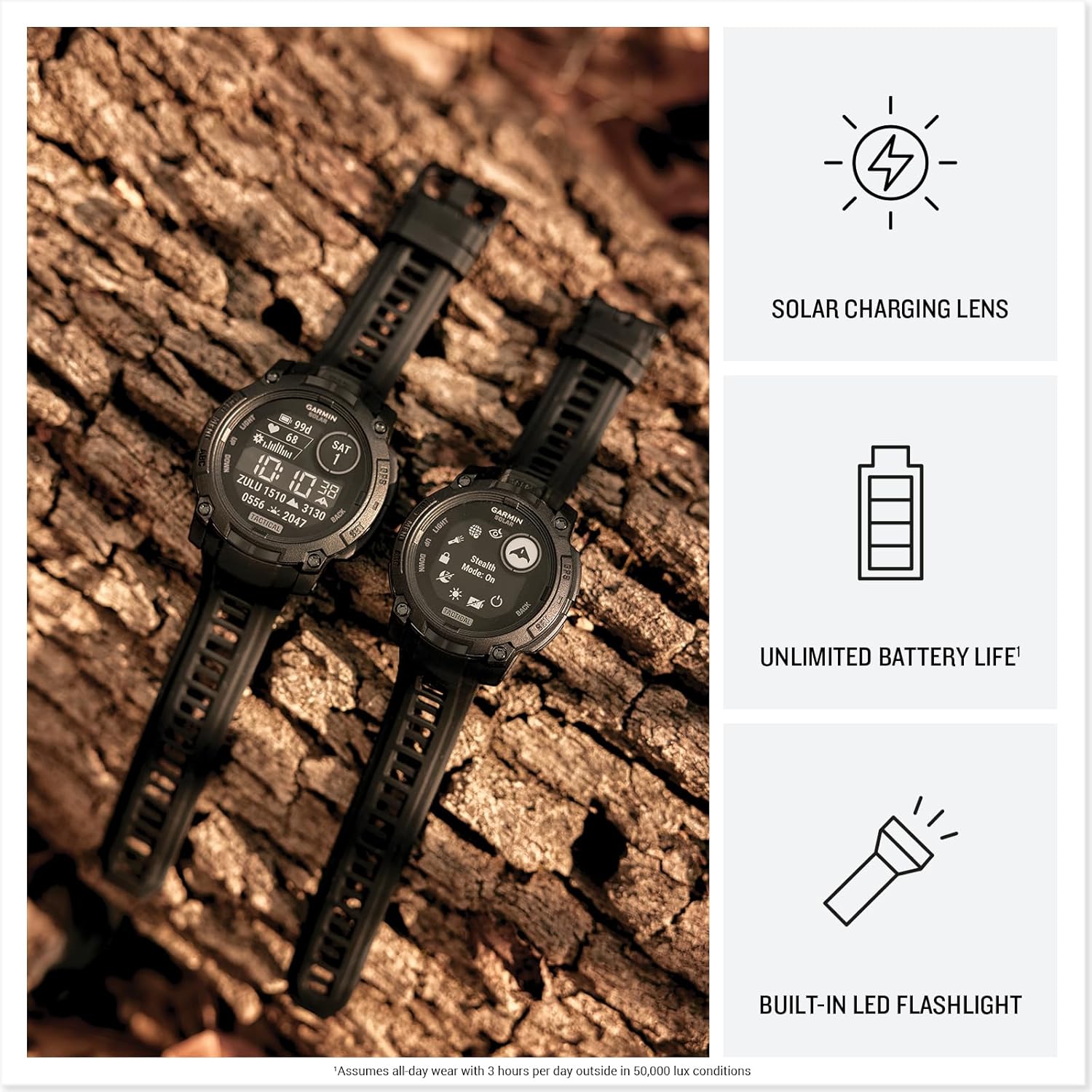 Garmin Instinct® 3 Tactical Edition, 50mm, Solar Charged Display, Rugged Outdoor GPS Smartwatch