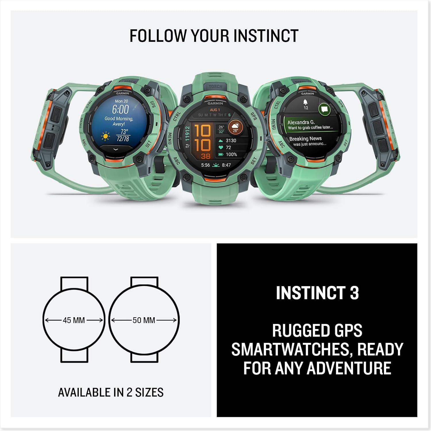 Garmin Instinct® 3 Tactical Edition, 50mm, Solar Charged Display, Rugged Outdoor GPS Smartwatch