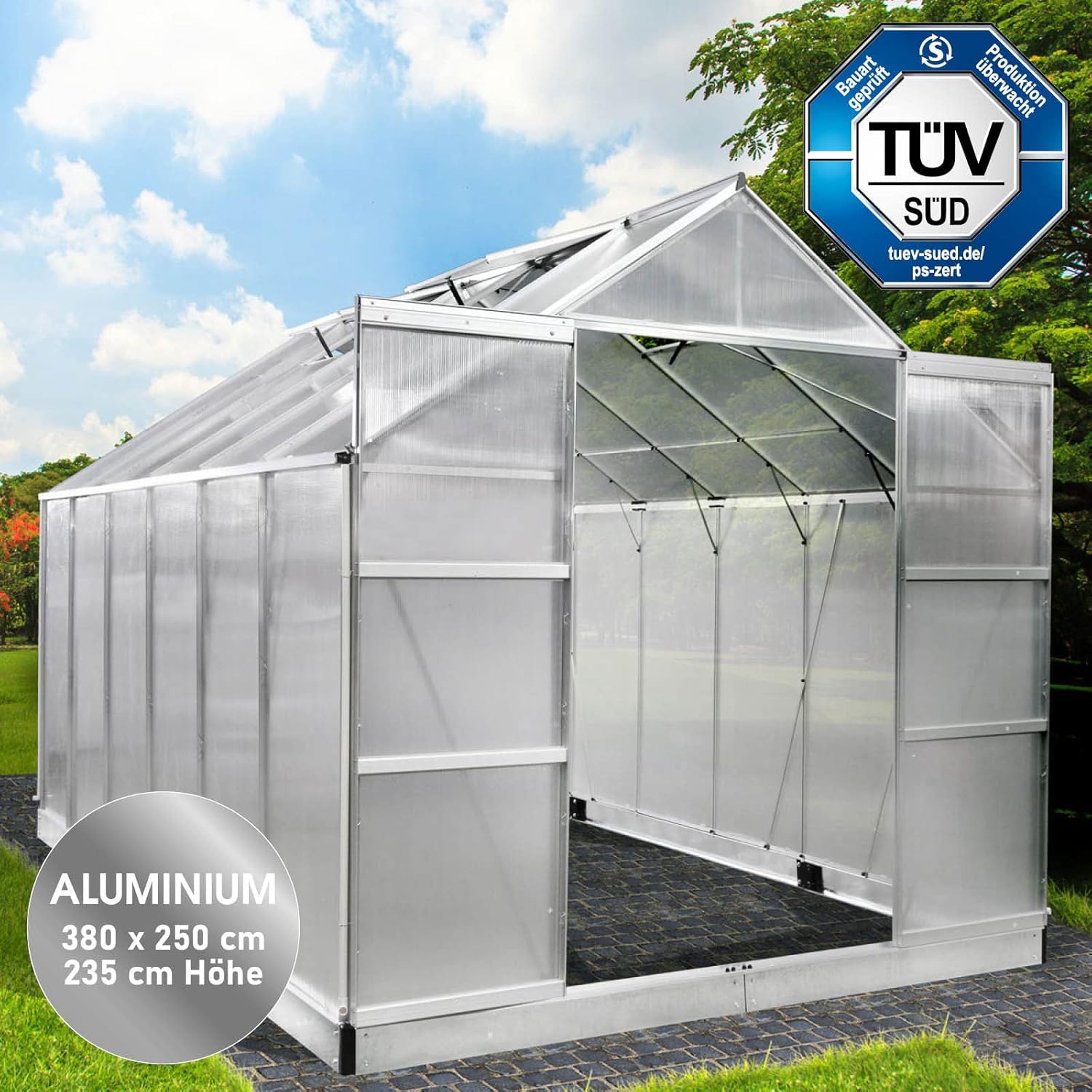 BRAST Aluminium Greenhouse with Base,380 x 250 x 235 cm, TÜV Tested, 6 mm Hollow Chamber Panels, Rustproof/Weatherproof/Temperature-Resistant