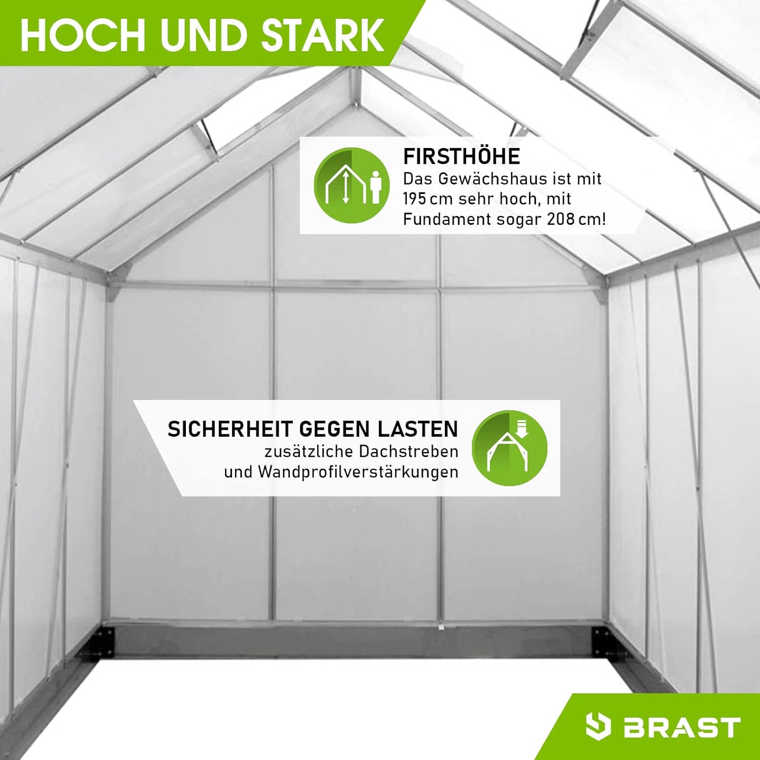 BRAST Aluminium Greenhouse with Base 190 x 190 x 195 cm, TÜV Tested, 6 mm Hollow Chamber Panels, Rustproof/Weatherproof/Temperature-Resistant