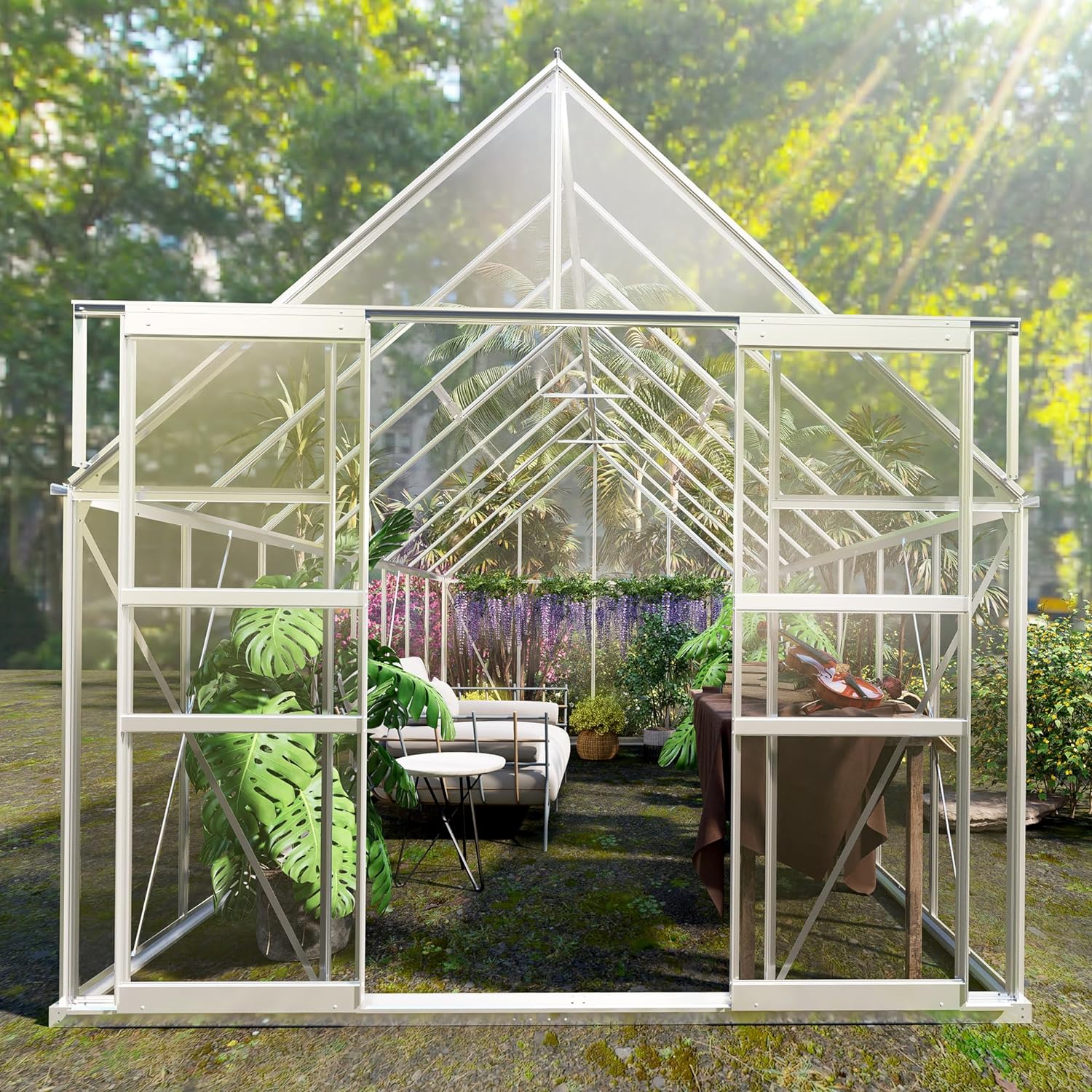 FurniFusion 8' W x 16' D Walk-in Hobby Greenhouse, Polycarbonate Garden Green Houses with 4 Adjustable Vents, Sliding Doors, Ample Space, Aluminum Hot House for Outdoor Backyard, White