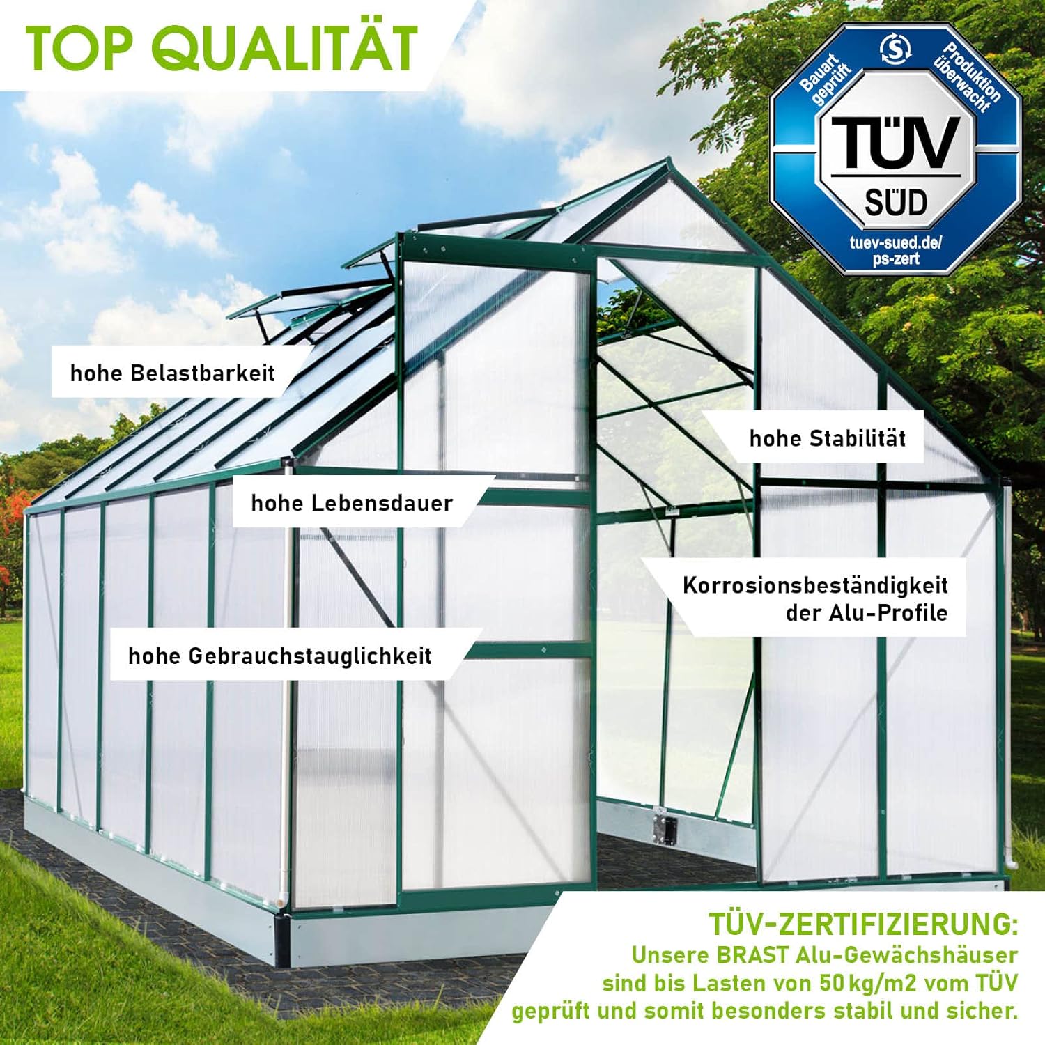 RAST Aluminium Greenhouse with Base 310 x 250 x 205 cm, TÜV Tested, 6 mm Hollow Chamber Panels, Rustproof/Weatherproof/Temperature-Resistant