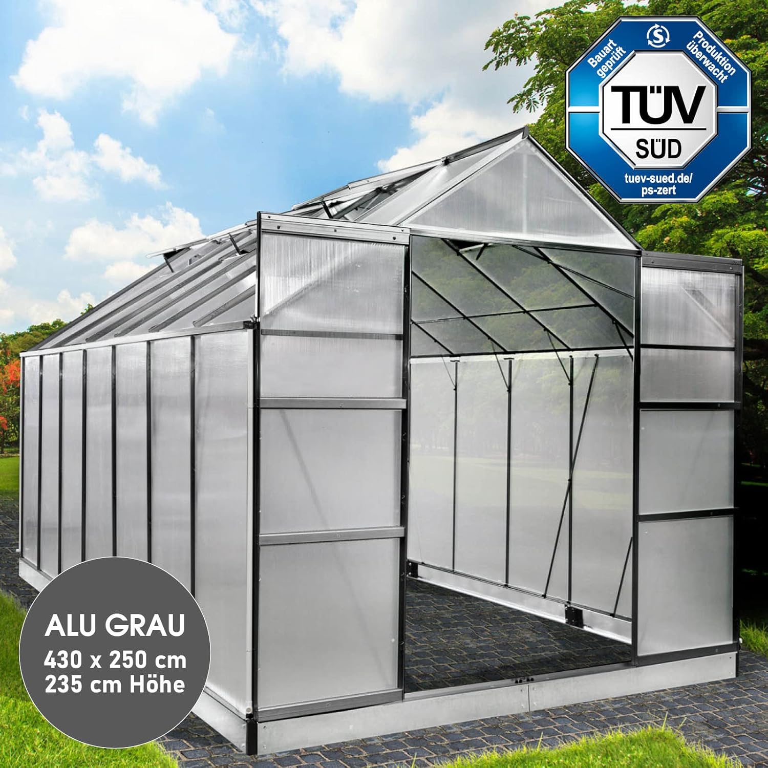 BRAST Aluminium Greenhouse with Base 430 x 250 x 235 cm, TÜV Tested, 6 mm Hollow Chamber Panels, Rustproof/Weatherproof/Temperature-Resistant