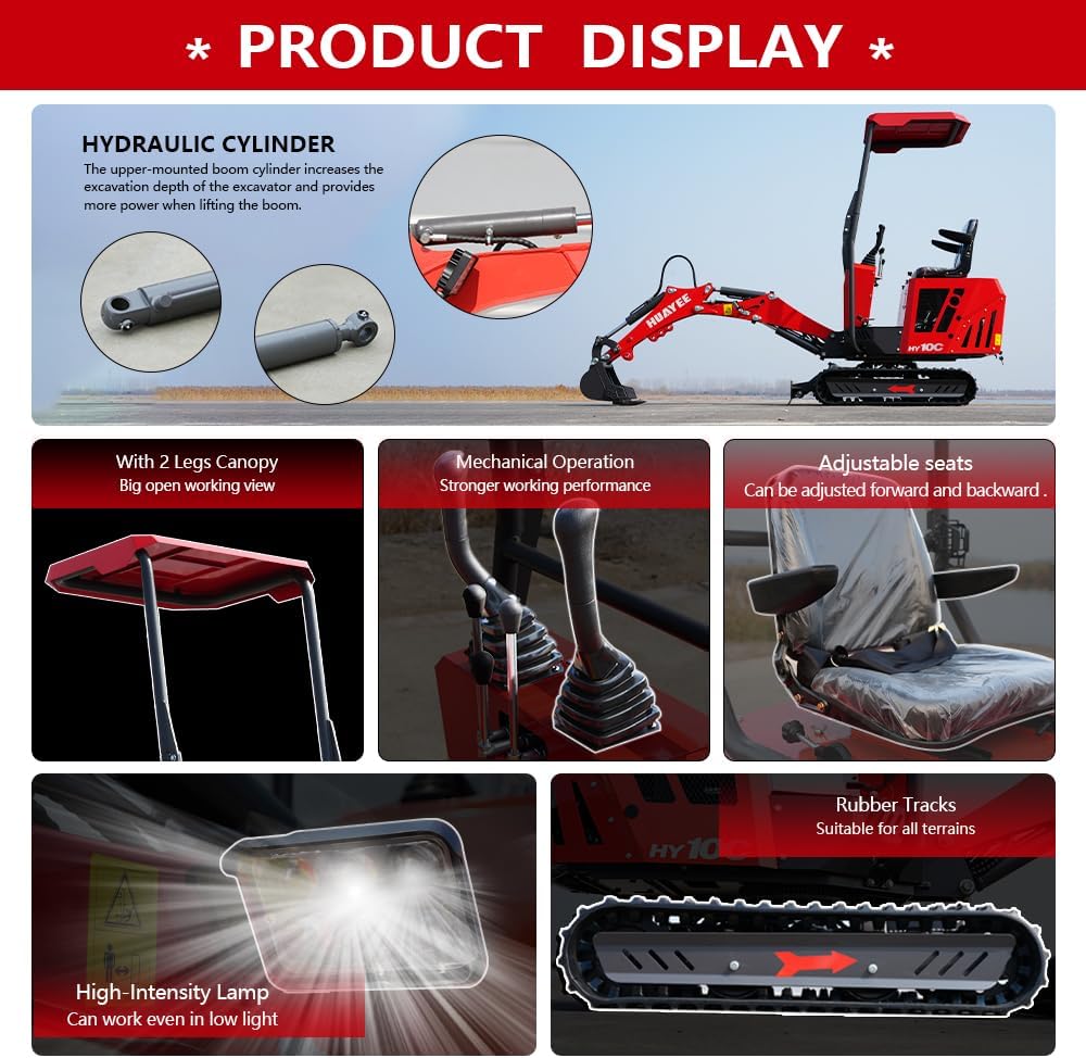HY10C 1 Ton Mini Excavator, 13.5HP Gasoline Powered Compact Digger with EPA Certificate, Tracked Backhoe for Trenching, Farming, Landscaping, Curbside delivery & Professional unloading Included