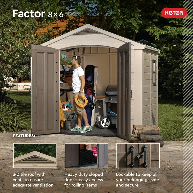 Factor 8 ft wide x 6 ft deep plastic storage shed
