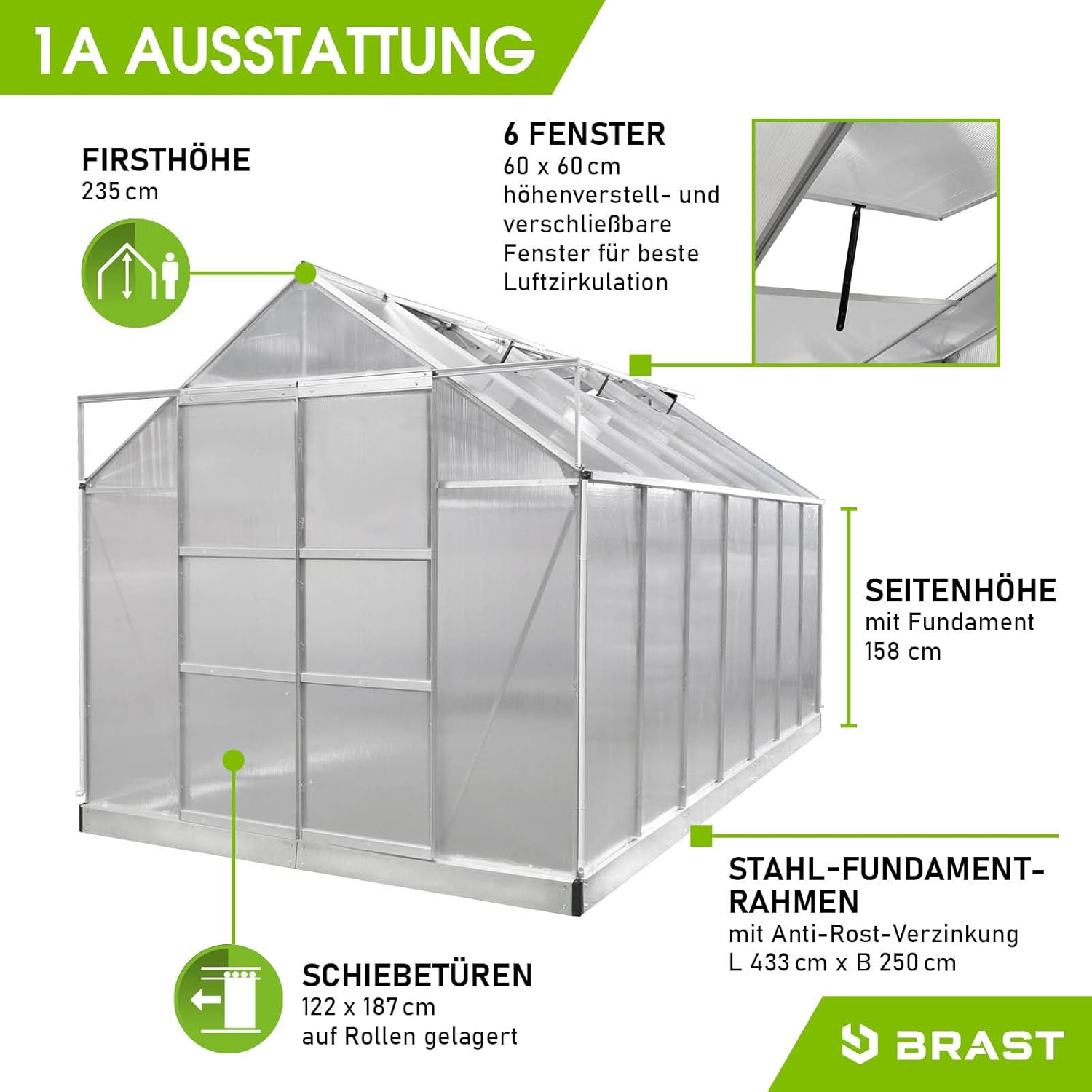 BRAST Aluminium Greenhouse with Base 430 x 250 x 235 cm, TÜV Tested, 6 mm Hollow Chamber Panels, Rustproof/Weatherproof/Temperature-Resistant