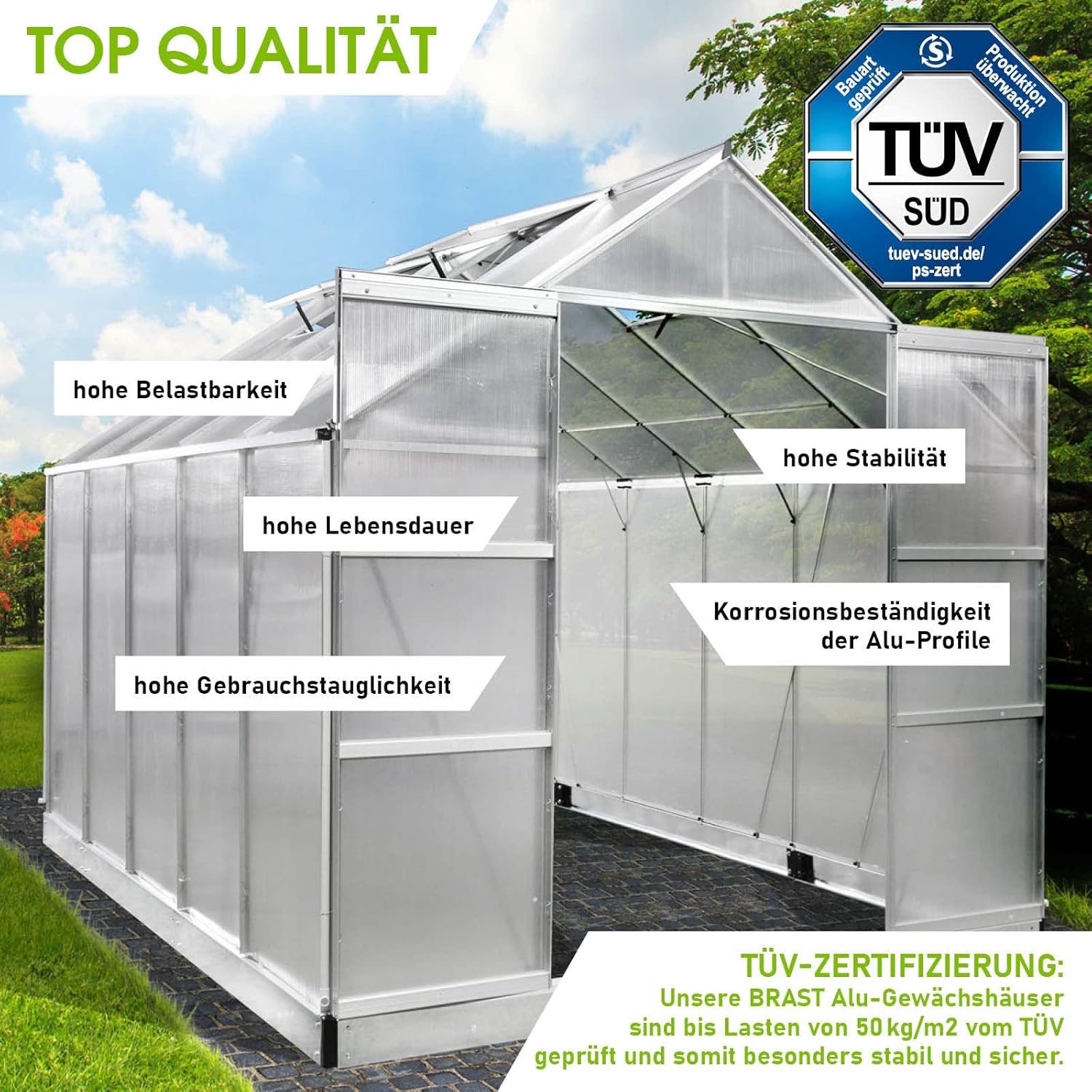 BRAST Aluminium Greenhouse with Base 310 x 250 x 235 cm, TÜV Tested, 6 mm Hollow Chamber Panels, Rustproof/Weatherproof/Temperature-Resistant