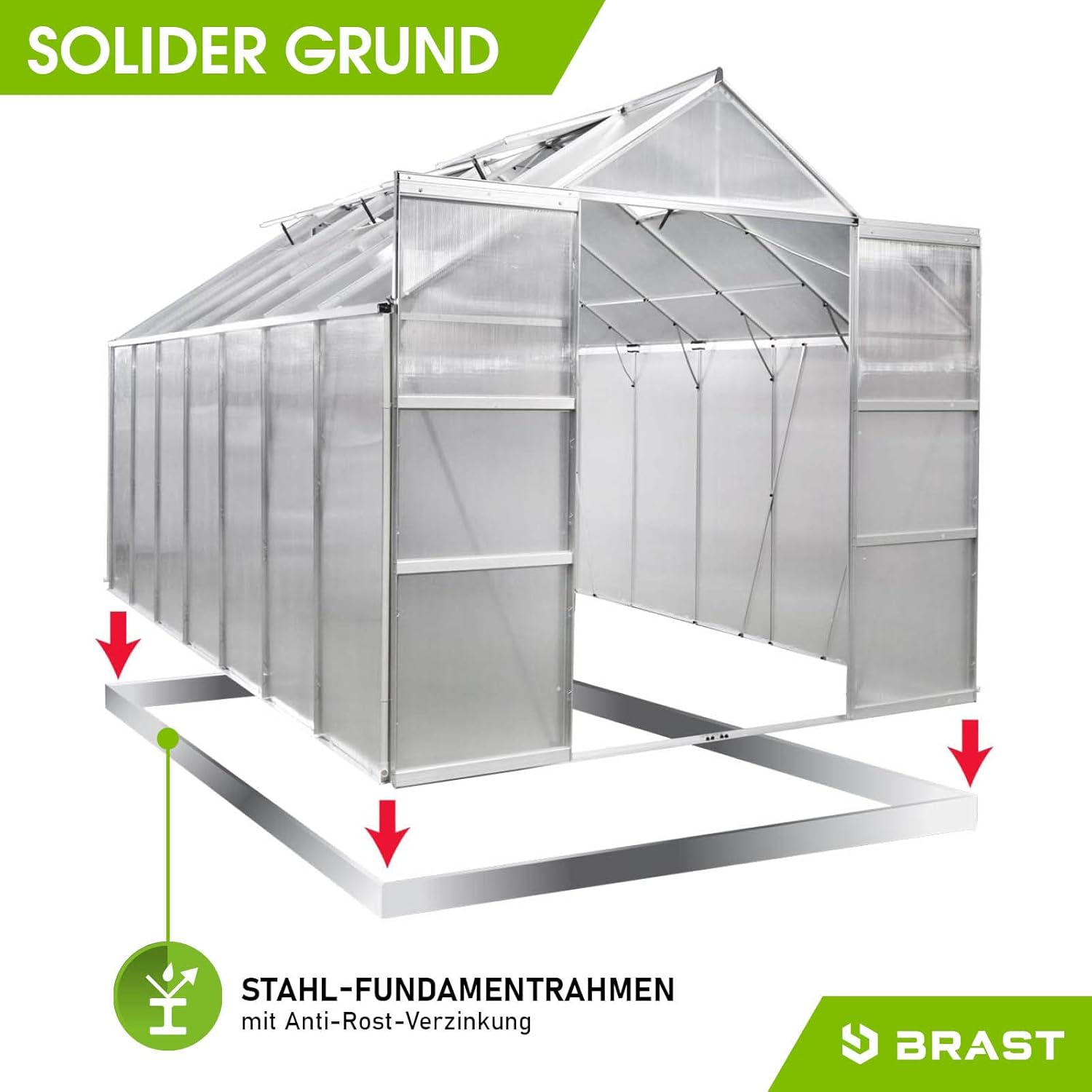 BRAST Aluminium Greenhouse with Base 430 x 250 x 235 cm, TÜV Tested, 6 mm Hollow Chamber Panels, Rustproof/Weatherproof/Temperature-Resistant