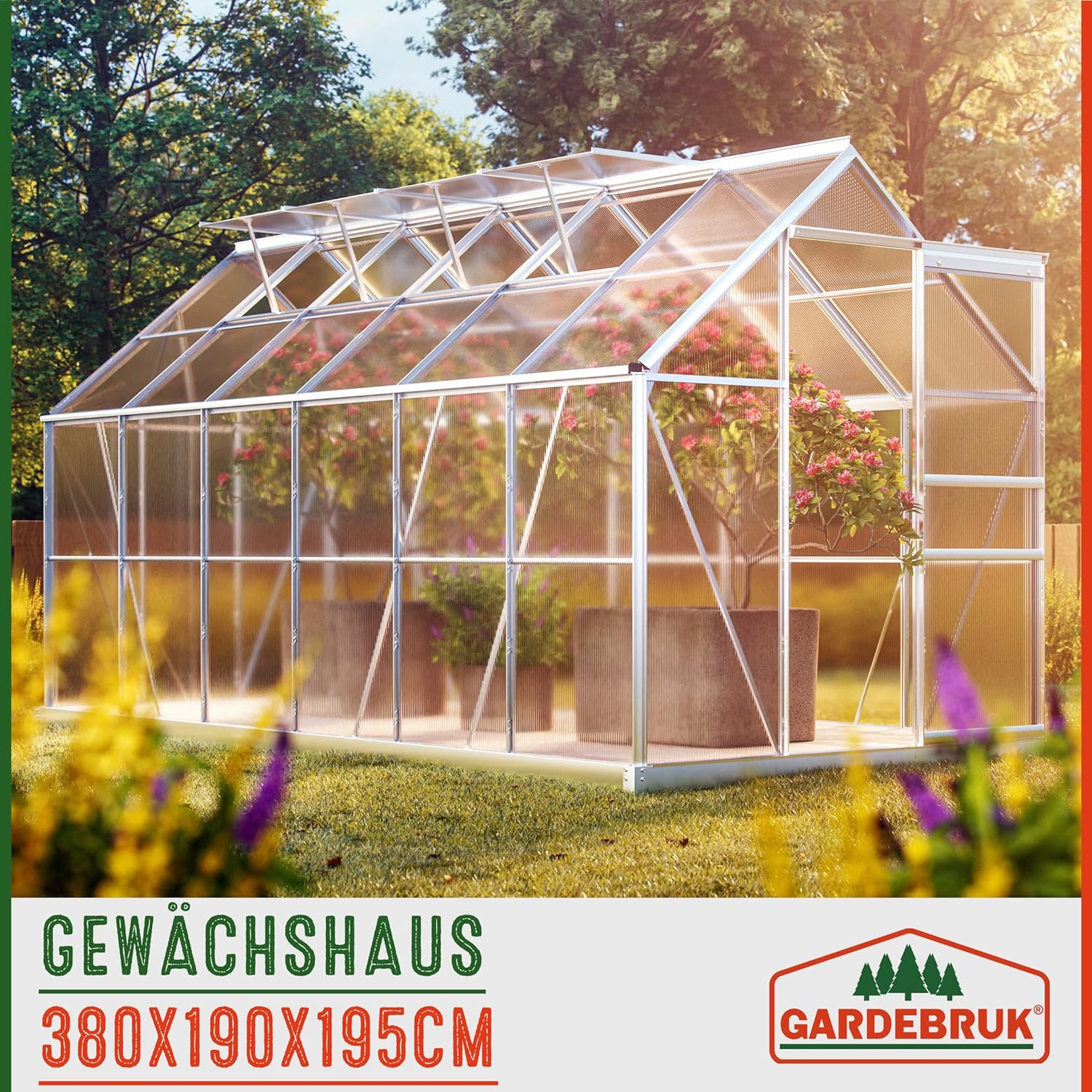 Gardebruk Aluminium Greenhouse 11,73m³ outdoor shelter for Plants, Vegetables Fruits 380x190cm 4 windows