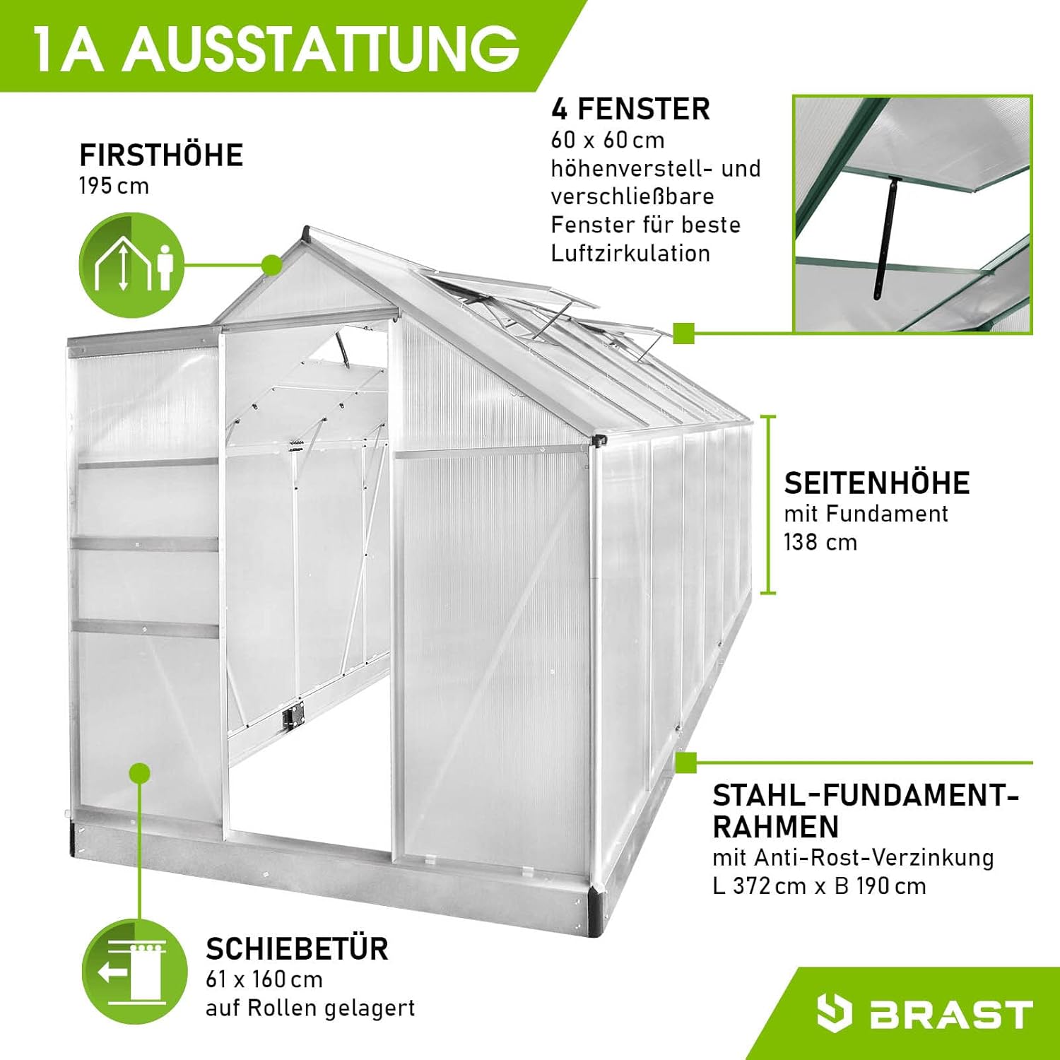 BRAST Aluminium Greenhouse with Base 380 x 190 x 195 cm, TÜV Tested, 6 mm Hollow Chamber Panels, Rustproof/Weatherproof/Temperature-Resistant