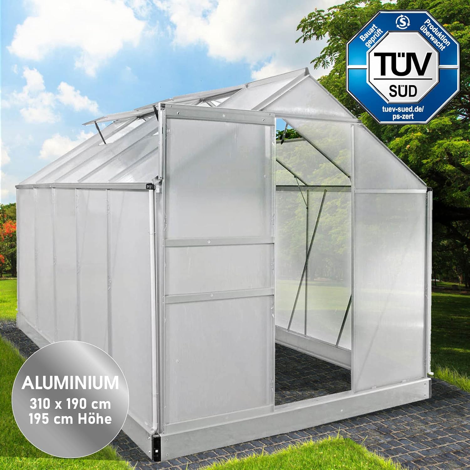 BRAST Greenhouse Aluminium with Base 310 x 190 x 195 cm TÜV Tested, 6 mm Hollow Chamber Panels, Rustproof, Weatherproof, Temperature-Resistant