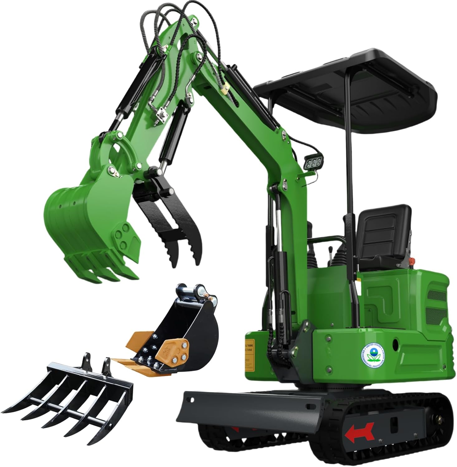Domestic Gasoline Mini Excavator for Fathers Day, 1.2 Tons Crawler Digger with 13.5 HP B&S Engine, Hydraulic Thumb Clamp and Buckets, Work for Farm,Garden,Park,Construction Landscaping (Green1)