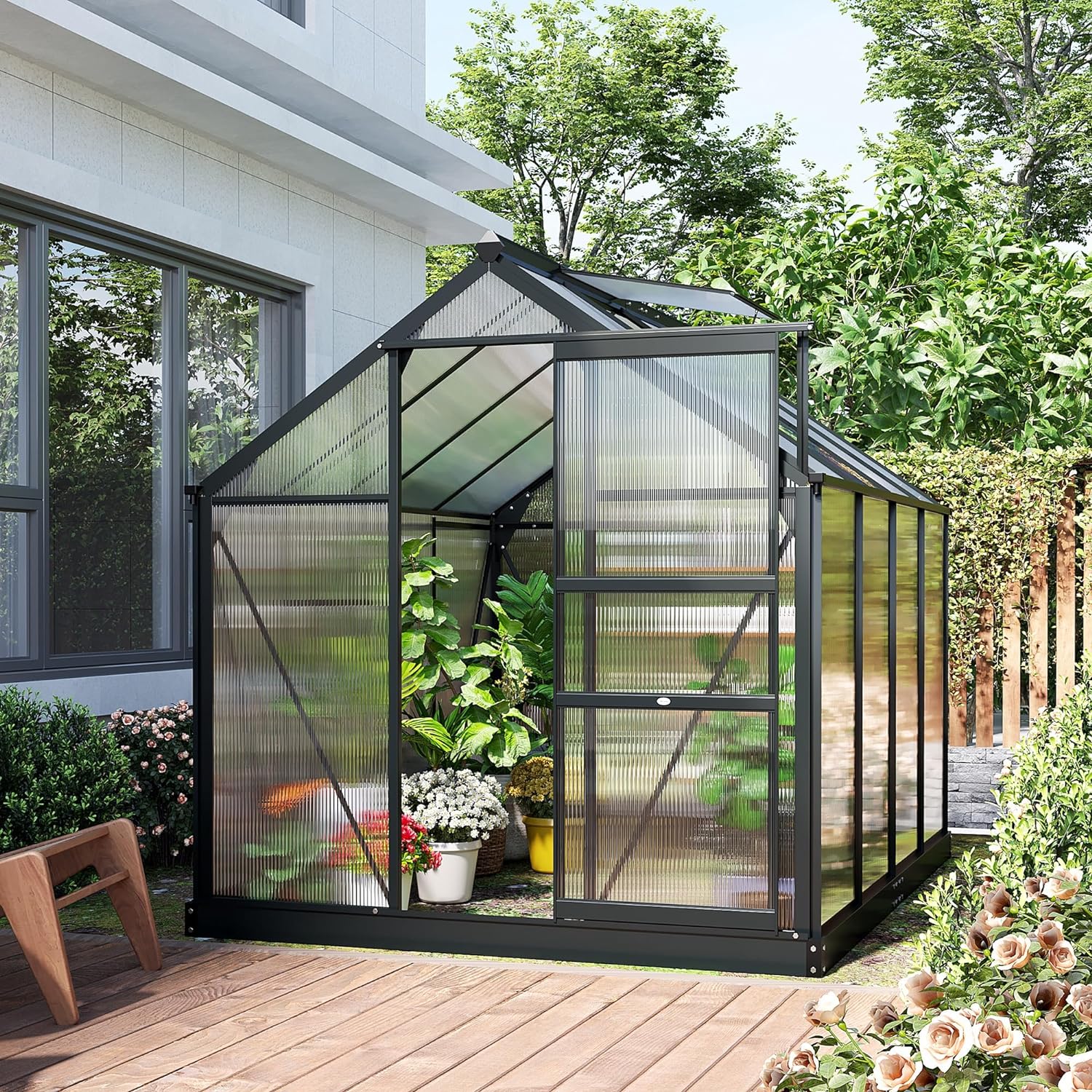 Outsunny 6 x 8ft Polycarbonate Greenhouse, Large Walk-In Green House with Slide Door and Window, Garden Plants Grow House with Aluminium Frame and Foundation, Grey