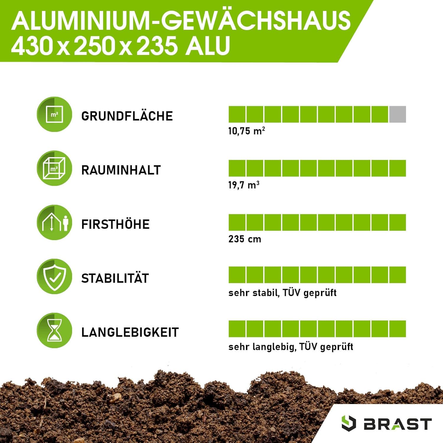 BRAST Aluminium Greenhouse with Base 430 x 250 x 235 cm, TÜV Tested, 6 mm Hollow Chamber Panels, Rustproof/Weatherproof/Temperature-Resistant