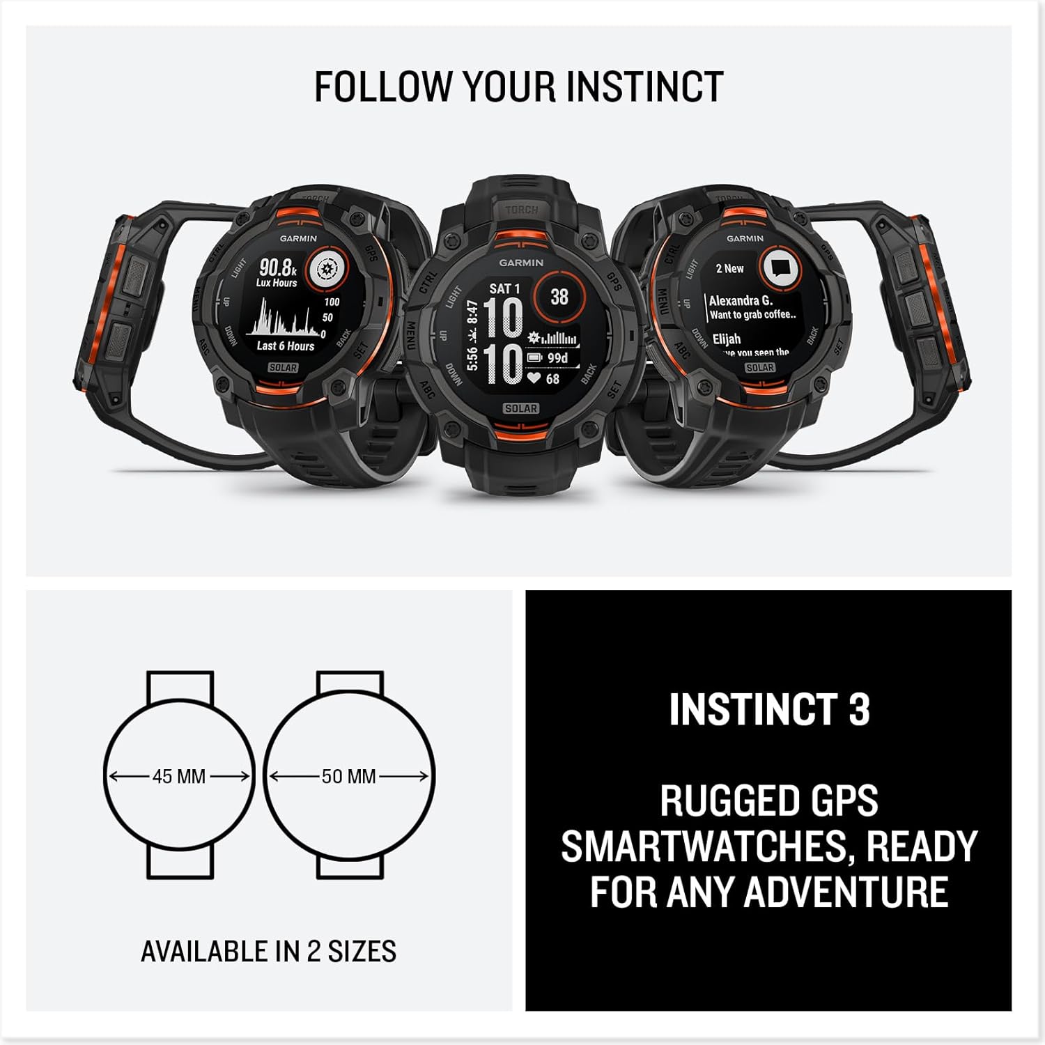 Garmin Instinct® 3 Tactical Edition, 50mm, Solar Charged Display, Rugged Outdoor GPS Smartwatch